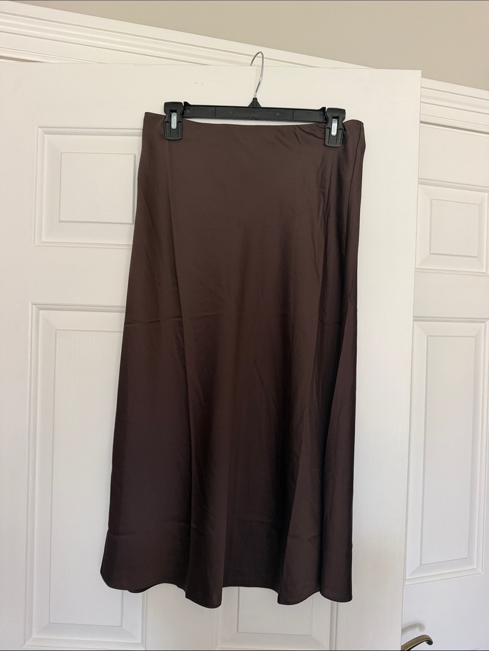 Classic Brown Midi Skirt - Sleek A-Line Satin Style